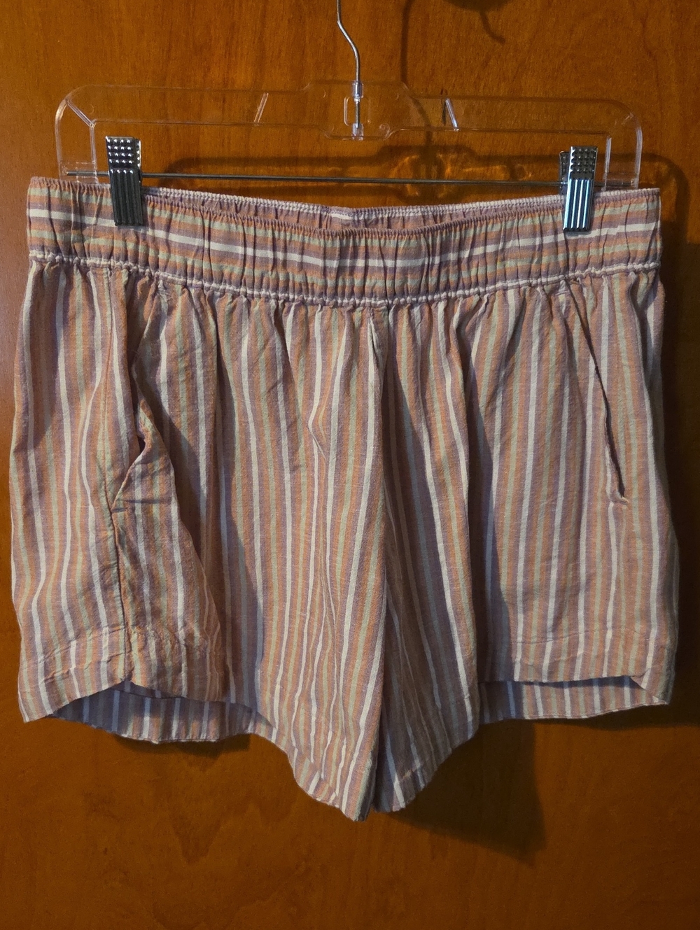 Patagonia Peach, Purple and Cream Striped Linen Shorts